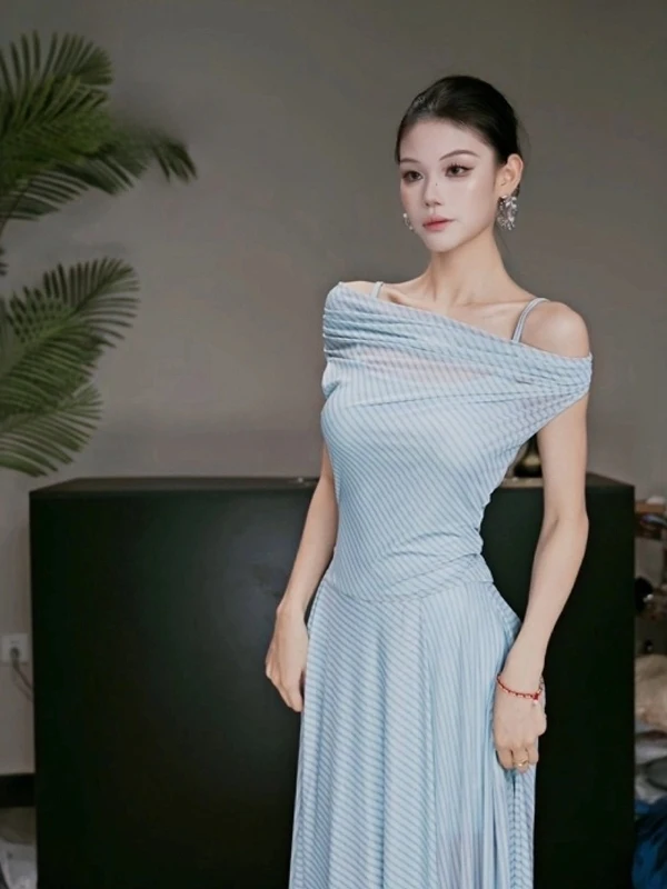 Instunning Blue Striped Ne Hanging Svel Long Dr Women's New Sle Classy Vest Dr French Sle Waist Cinched Sum...