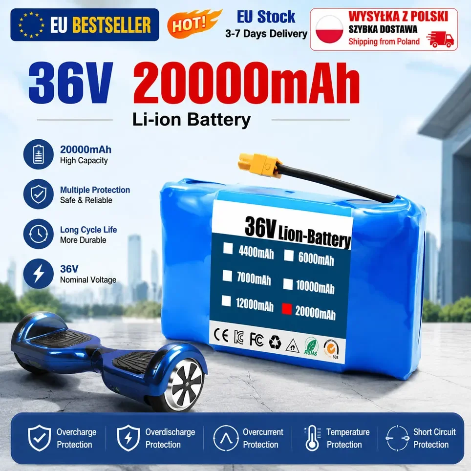 Batteria agli ioni di litio 36V 10S2P 20000mAh per monopattino elettrico, batteria 18650 42V 18650 per veicoli elettrici con sistema di auto-bilanciamento