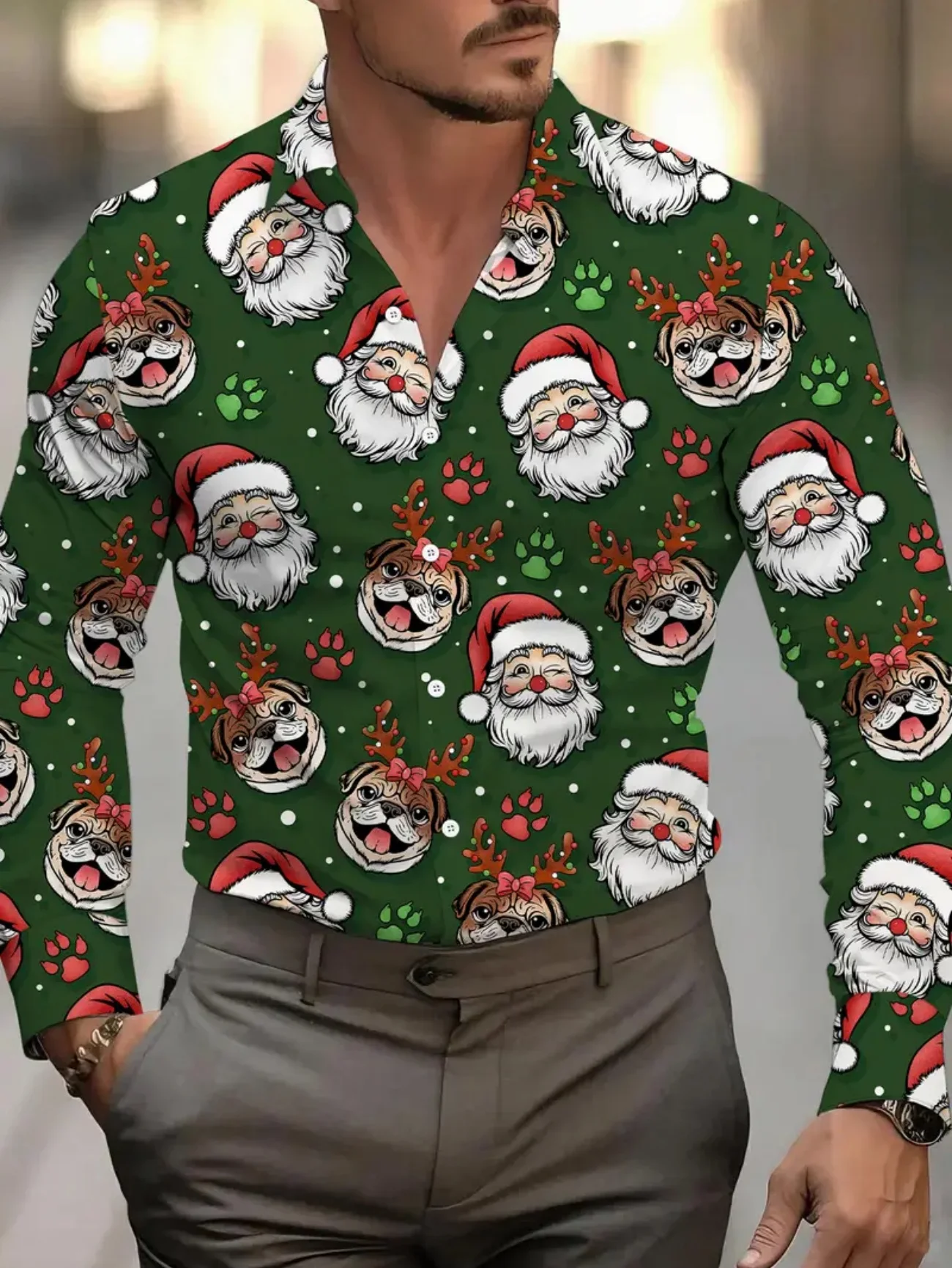 Christmas Style Men's Stylish Long Sleeve Shirt Breathable Red Tops Christmas Themed Pattern Full Sleeve Shirts Turn-Down Collar