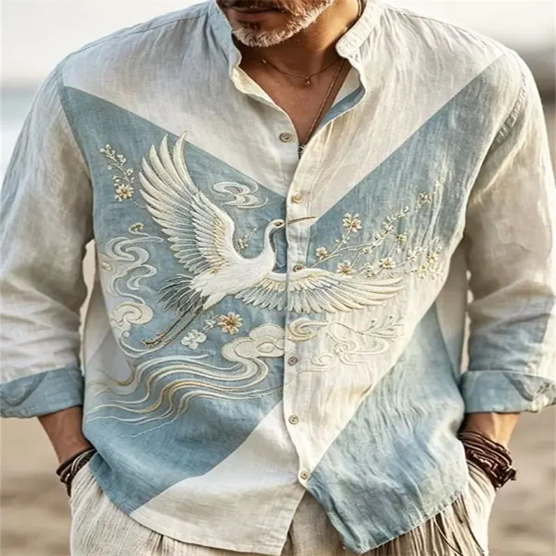 New personalized long sleeved shirt with beige background and ink wash freehand cat warrior print casual men's top