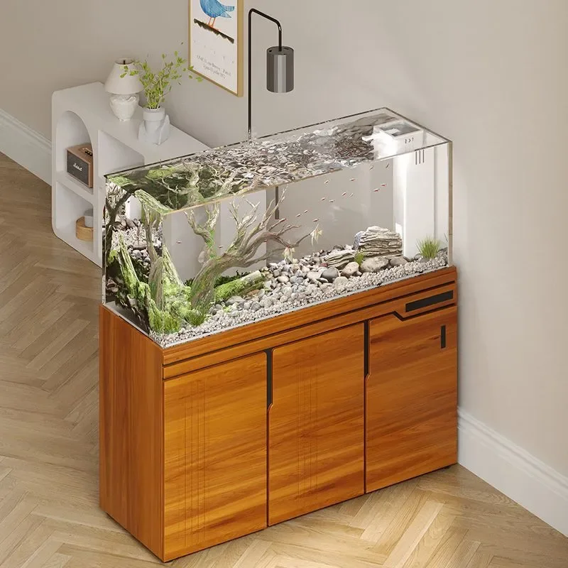 Large Ultra White Glass Fish Tank with Bottom Filter for Living Room Home Aquarium Landscaping Aquatic Plant and Lanshou Fish