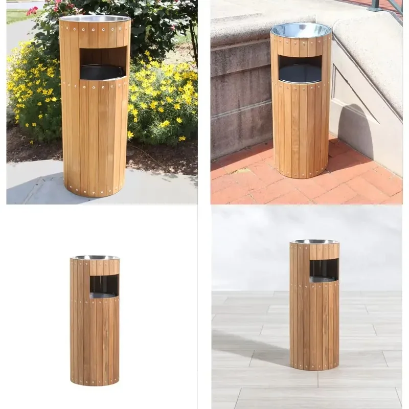 Modern Simple Steel and Wood Trash Can with Ashtray for Villa Square Outdoor Use Manufacturer Customization