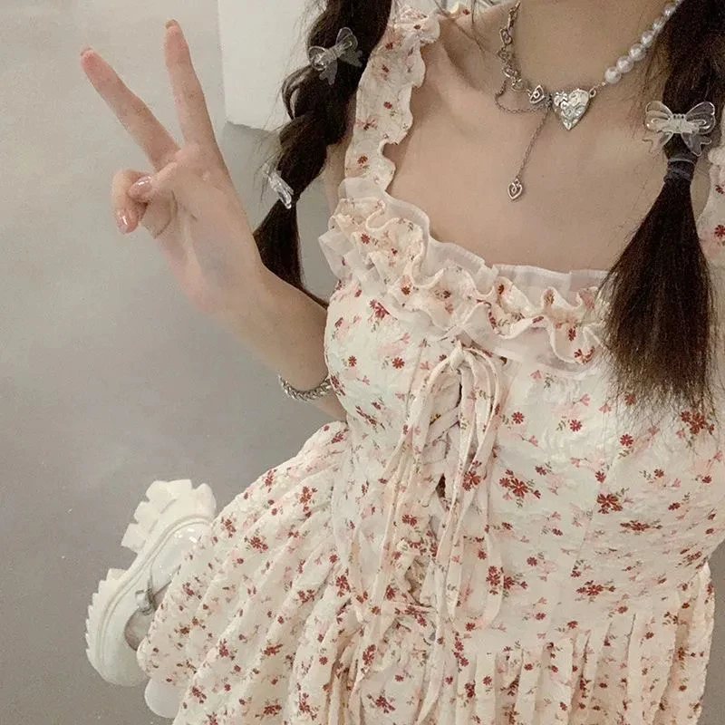 Frauen Floral Hosenträger Mini Kleid Japanischen Süße Gedruckt Bandage Taille A-linie Kleider Sommer Chic Casual Strand Vestidos