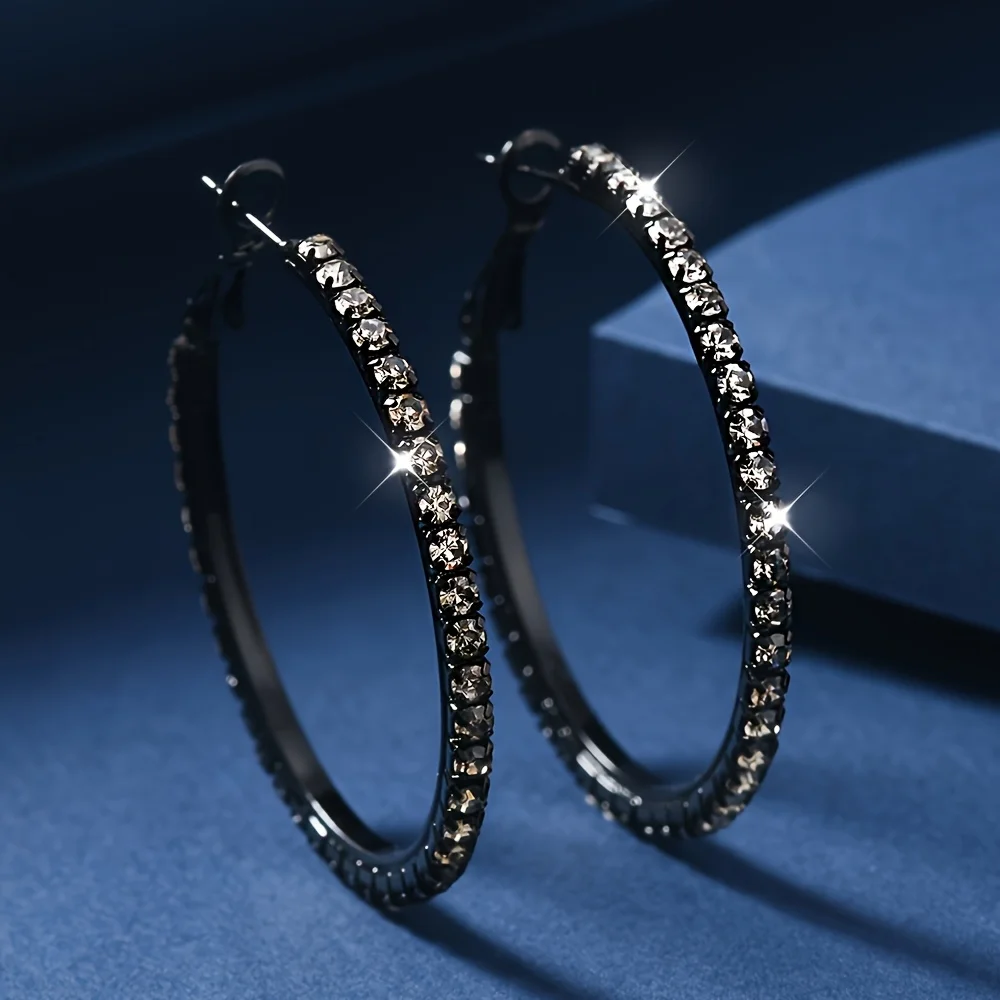 Pendientes de aro negros brillantes elegantes con piedras preciosas transparentes para mujer, diseño redondo elegante, joyería perfecta, regalo, pendientes novedosos