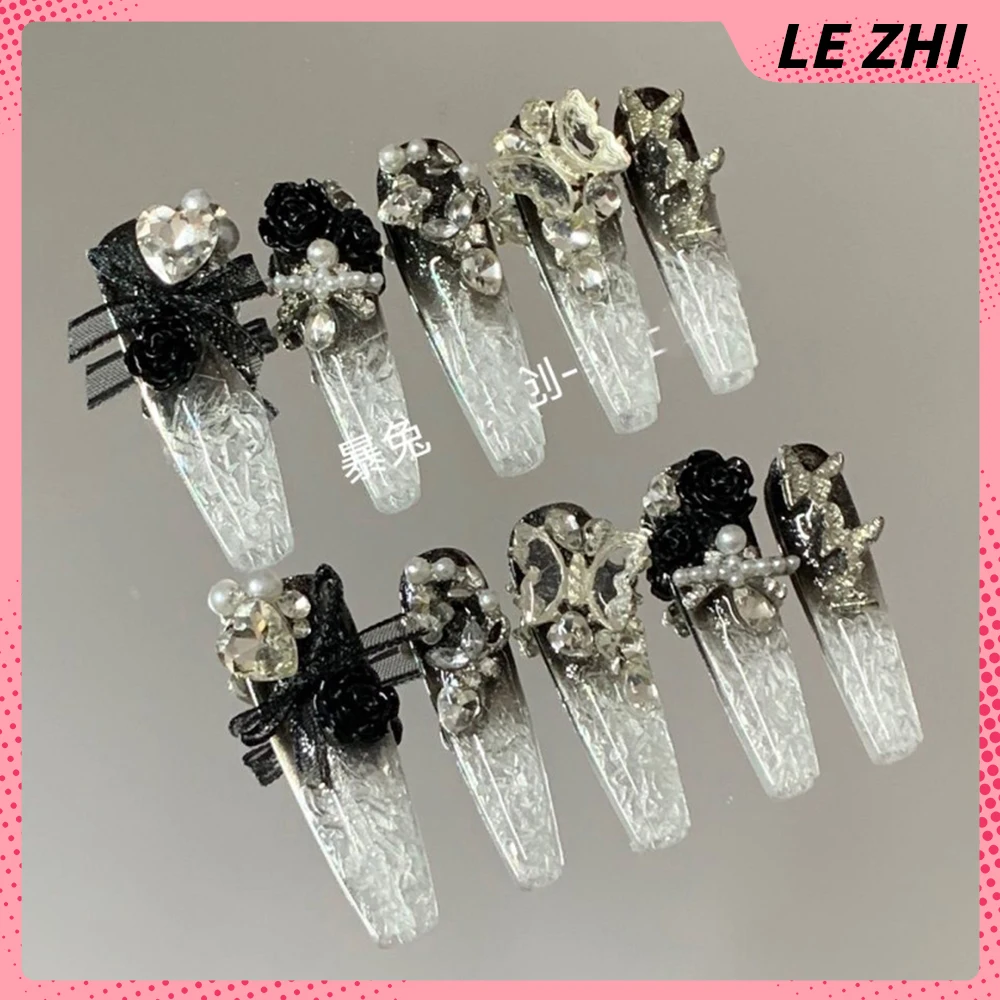 10Pcs Spicy Girl Long Coffin Handmade Press On Nails Rhinestone Flower Polka Point Musical Notes Bowknot Nail Party Sticker Gift - view 2