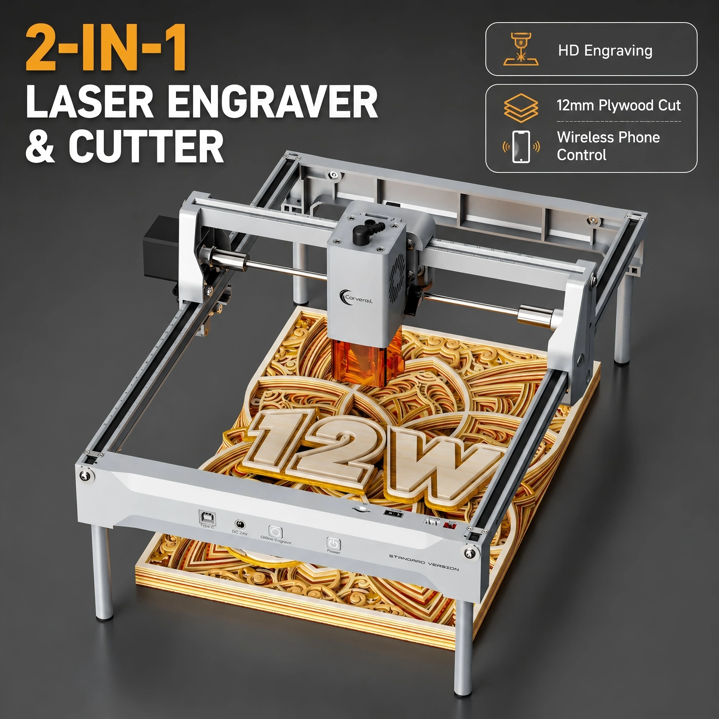 Machine de gravure laser Carverall K15PRO 7W 12W, découpeuse et graveuse laser, machine de gravure laser à diode pour le bois, l'acrylique, le cuir, le métal, haute précision, zone de travail A4, artisanat DIY, cadeaux personnalisés, petite entreprise, atelier à domicile