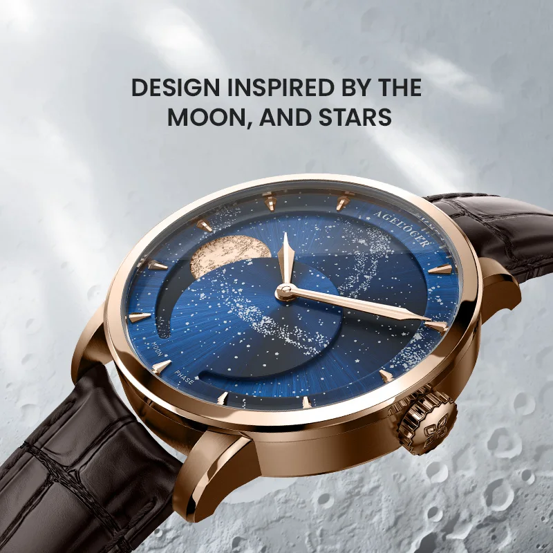 AGELOCER-Montre Astronome Originale pour Homme, Montre en Or de Luxe, existent, Mécanique, Phase de Lune, Cadeau d\'Anniversaire