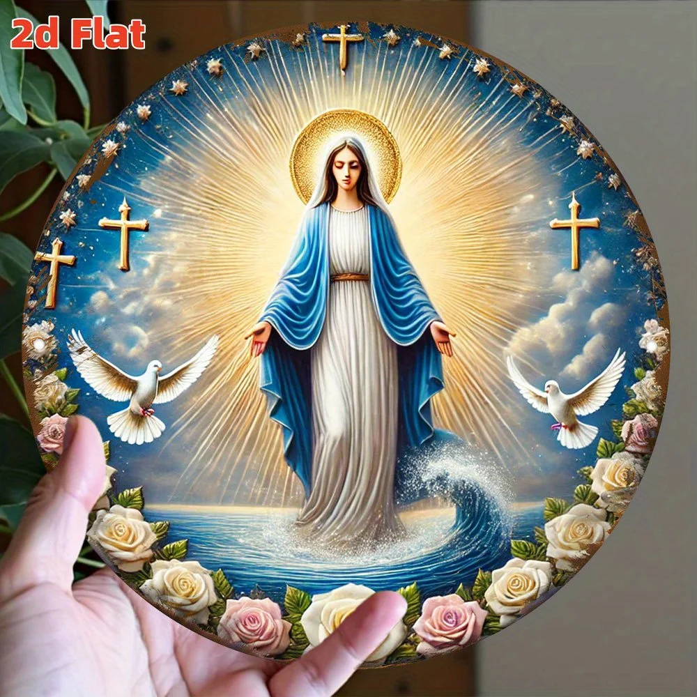 Blessed Virgin Mary 2D Flat High Definition Metal Wall Art Gold Cross Dove Roses Embossed Iron Painting Christian Religious Icon