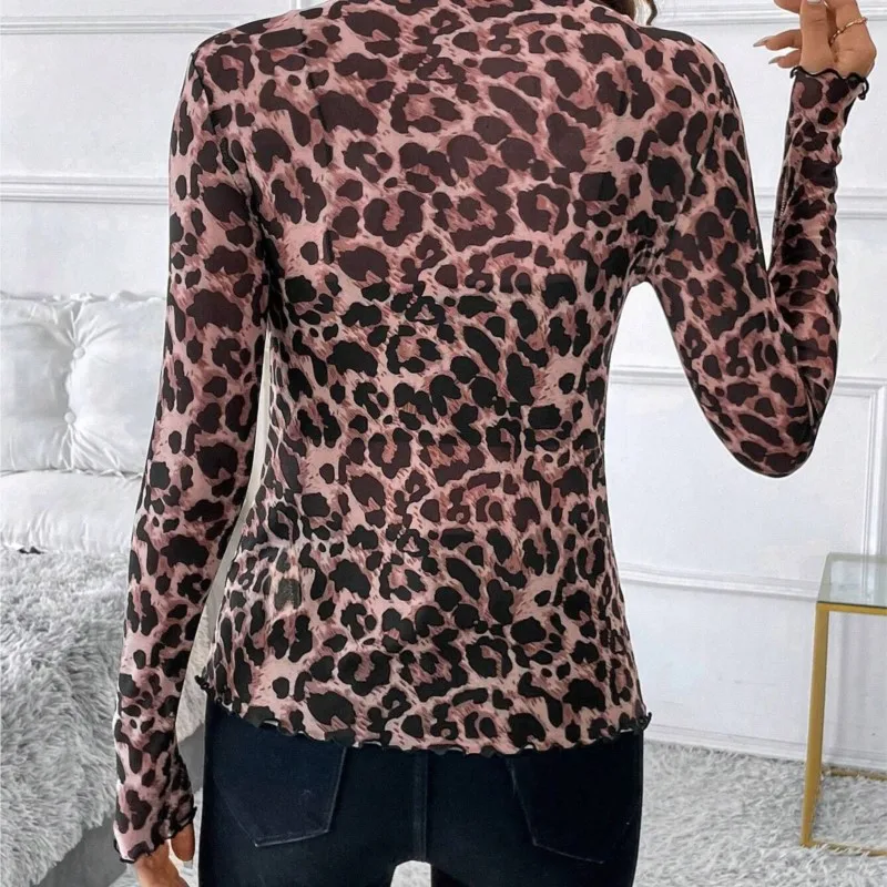 Sexy Long Sleeve T-shirt Women Elegant O Neck Flower Printed Mesh Shirts For Women Spring Autumn Basic Shirt Lady Tee Tops