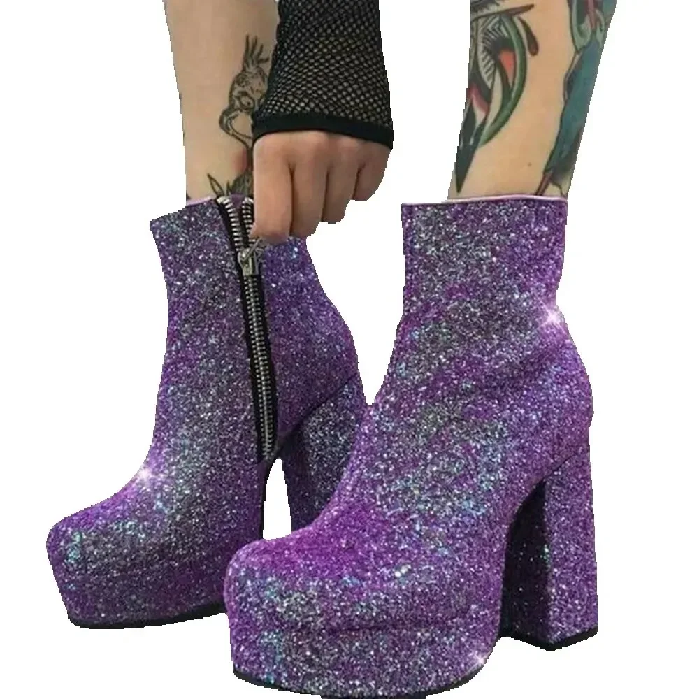 Surkova Bling Bling Purple Sequined Ankle Boots Chunky Heel Platform Wedding Shoes Zipped Glitter Booties Size46 Banquet Pumps