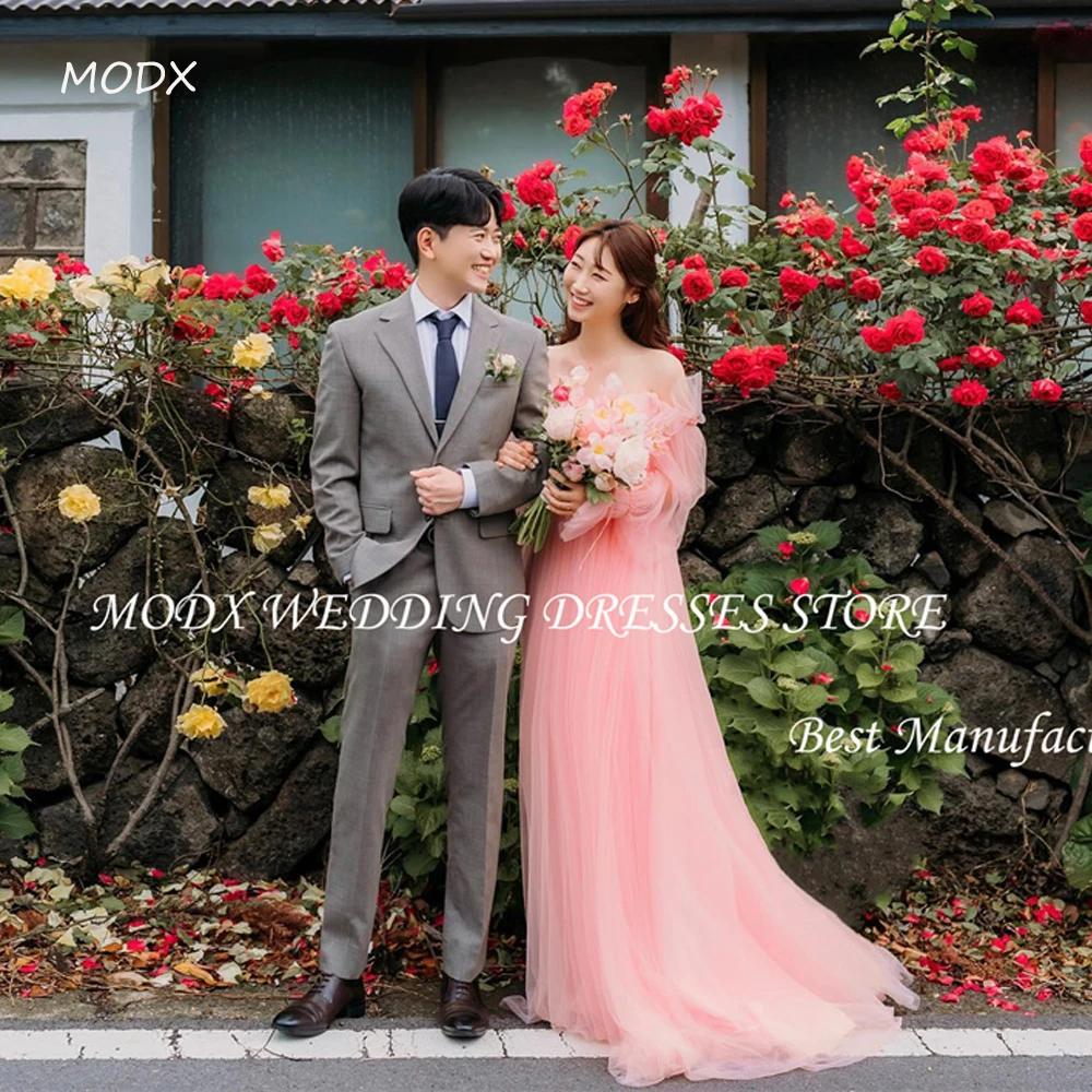 

MODX Fairy Blush Pink Tulle Wedding Dresses Korea Photoshoot Puff Long Sleeves Sweetheart Corset Back Evening Party Gowns