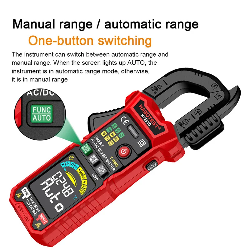 Smart Digital Clamp Meter 6000 Counts Auto-Ranging Amp Tester 600A AC/DC Voltage Current Capacitance Continuity NCV Detection