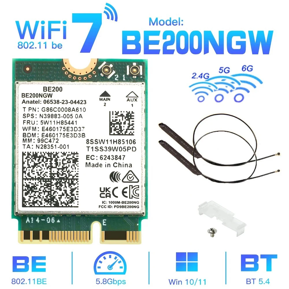 

Беспроводная Wi-Fi карта Intel BE200, Wi-Fi 7, BE200NGW, Bluetooth 5,4, 802.11AX, трехдиапазонный сетевой адаптер M.2 NGFF для антенн Win10/11
