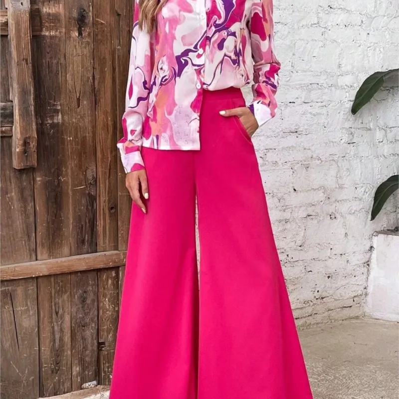 

Printed Long Sleeved Single Breasted Shirt+wide Leg Pants Two-piece Set For Spring Autumn Women's Clothing New Fashion Outfit