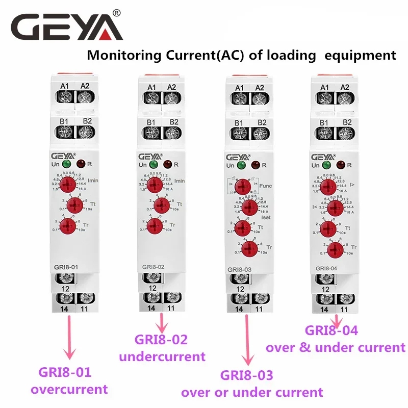 GEYA GRI8 Current Relay Monitoring Range Overcurrent Undercurrent Switch 0.05A-16A AC24-240V OR DC24V