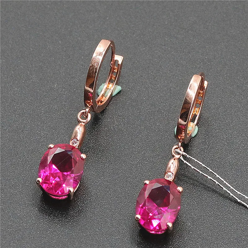 585 الأرجواني مطلية بالذهب 14K ارتفع الذهب مطعمة روبي البيضاوي أقراط للنساء الكلاسيكية سلسلة ضوء فاخر موضة مجوهرات الزفاف