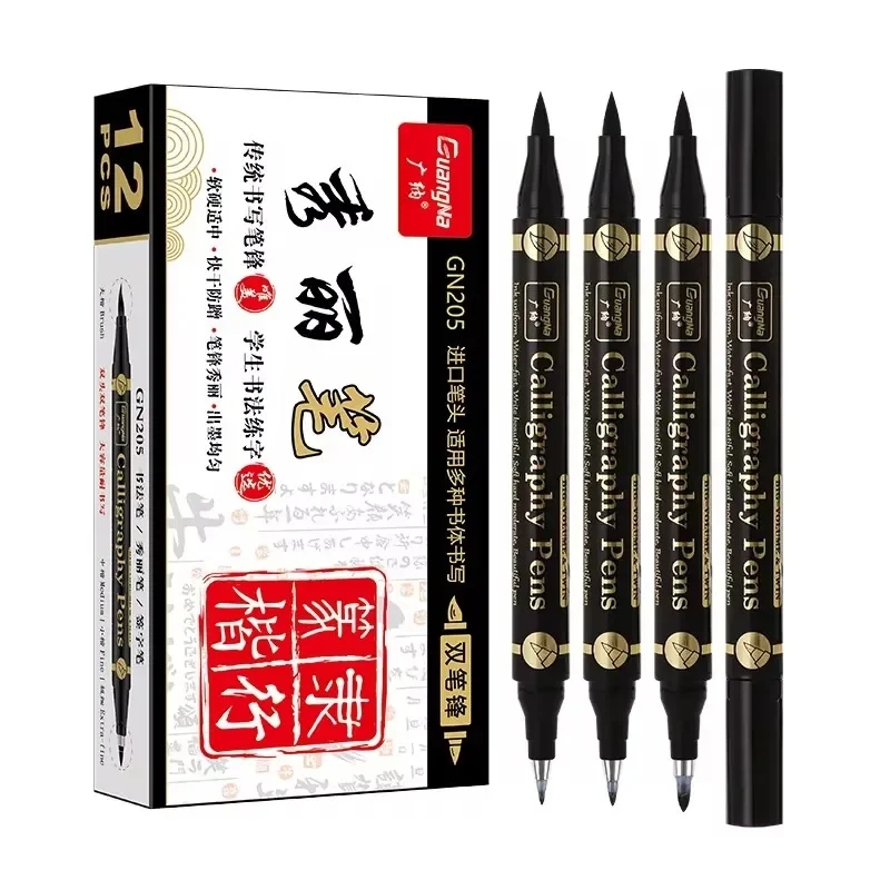 3 Pcs/lot Double Head Hand Lettering Pens Chinese Calligraphy Brush Pens Set Art Markers Black Ink 4 Size for Beginners Writing