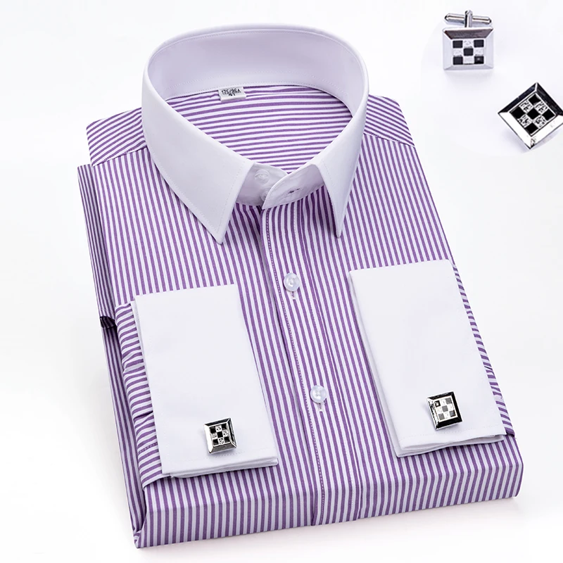 Camisa con gemelos franceses para hombre, corte ajustado de manga larga, cuello contrastante, vestido formal de negocios a rayas rosas, top para hombre