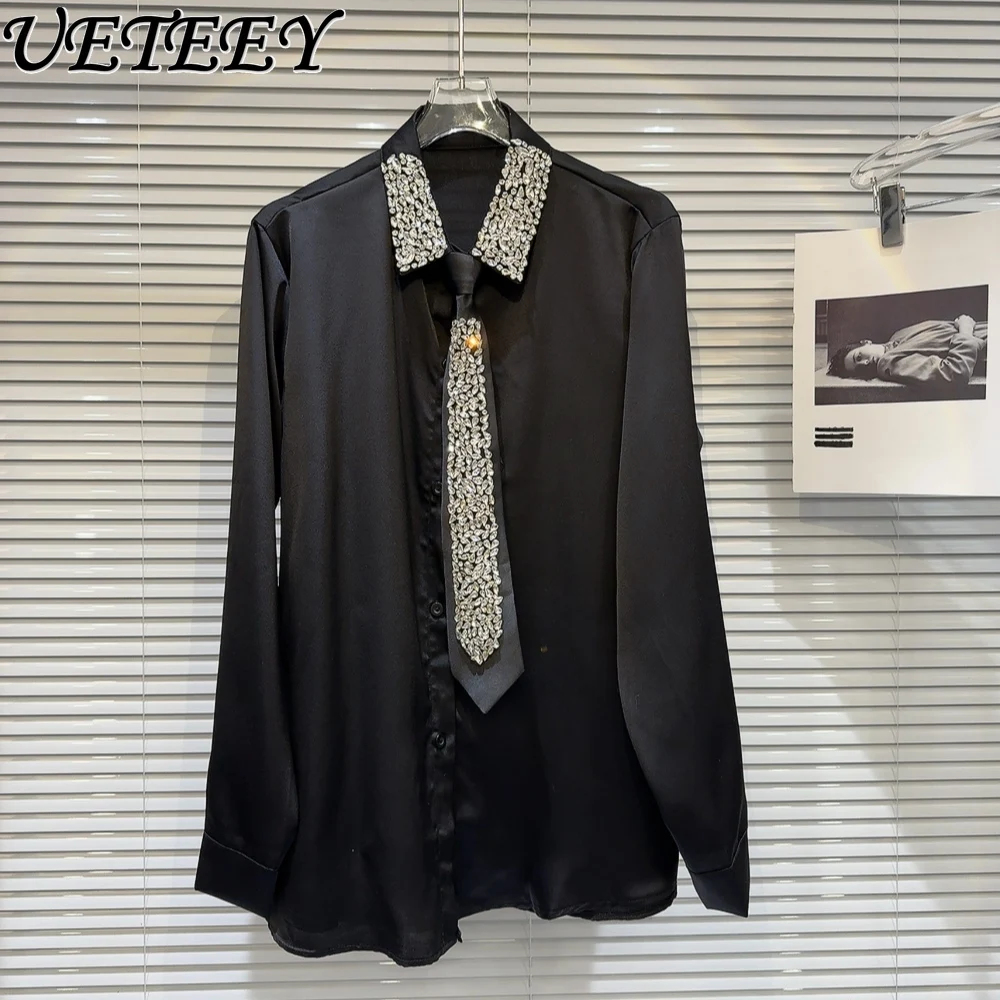 Spring and Autumn New Dark Spice Girl Heavy Industry Pearl Bead Tie Design Shirt Solid Color Fashion Versatile Long Sleeve Top