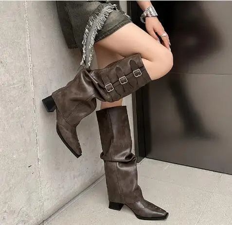 

Autumn Women Brown Black Genuine Leather Square Toe Rivet Belt Buckles Two Ways Wear 5 CM Heels Knee High Short Long Boots Lady