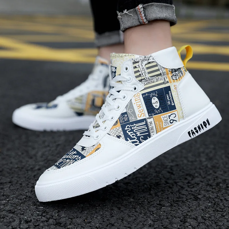 2023 New High Top Men\'s Shoes Personality Graffiti Lace-up Men\'s Shoes Casual Sneakers Student Sneakers Luxury Sneakers Boots