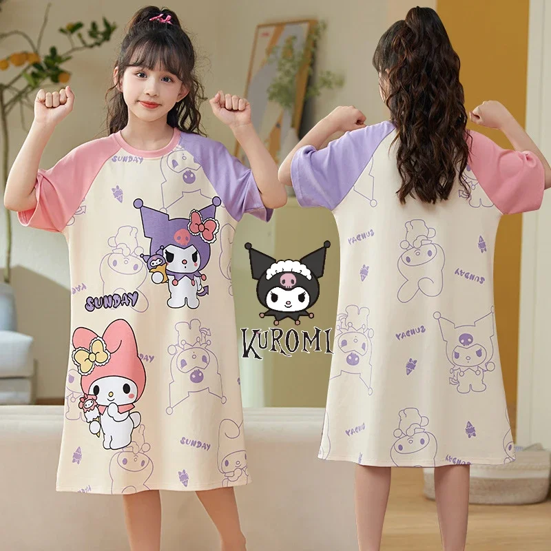 

New Sanrio Nightdress Pajamas Parent-child Dress Cartoon Figure Kawaii Kuromi Short-sleeved Cotton Homewear Leisure Clothes Gift