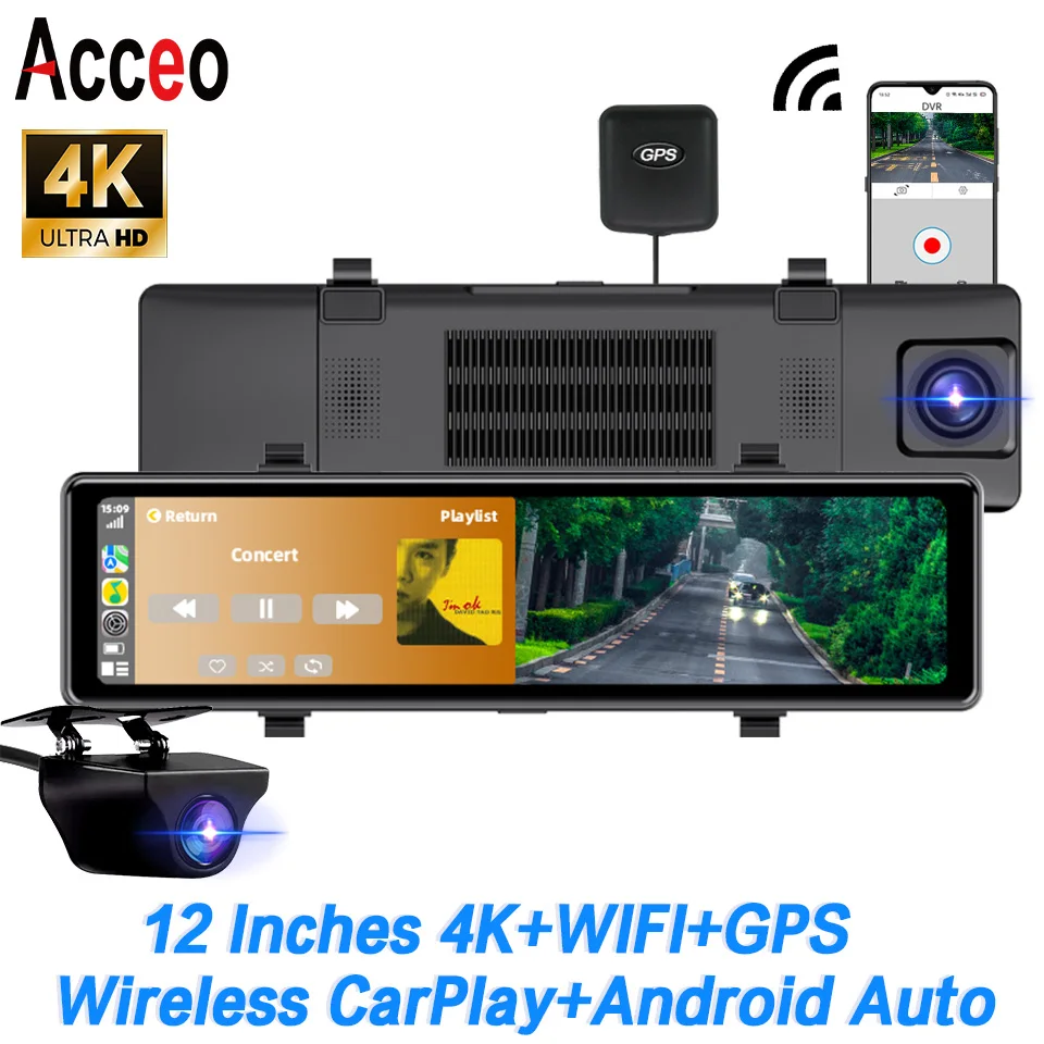 4K Dash Cam Wireless Carplay Sony 415 Car CVR RearView Mirror Support Rear View Camera Car Camera Video Recorder Black box