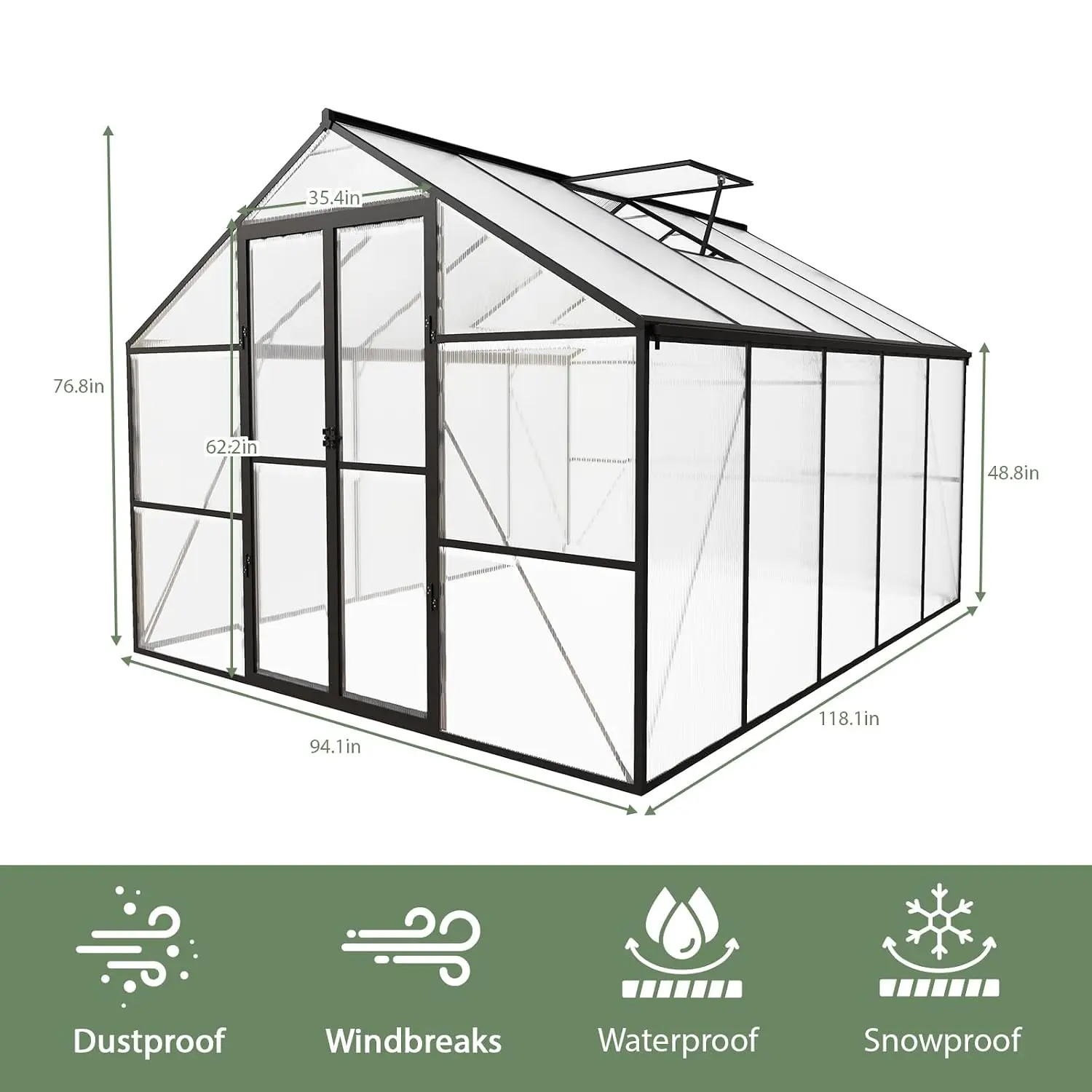 8 x 10 FT Outdoor Greenhouse, Heavy-Duty Polycarbonate Greenhouse with Aluminum Frame, Lockable Door, Adjustable, Customized