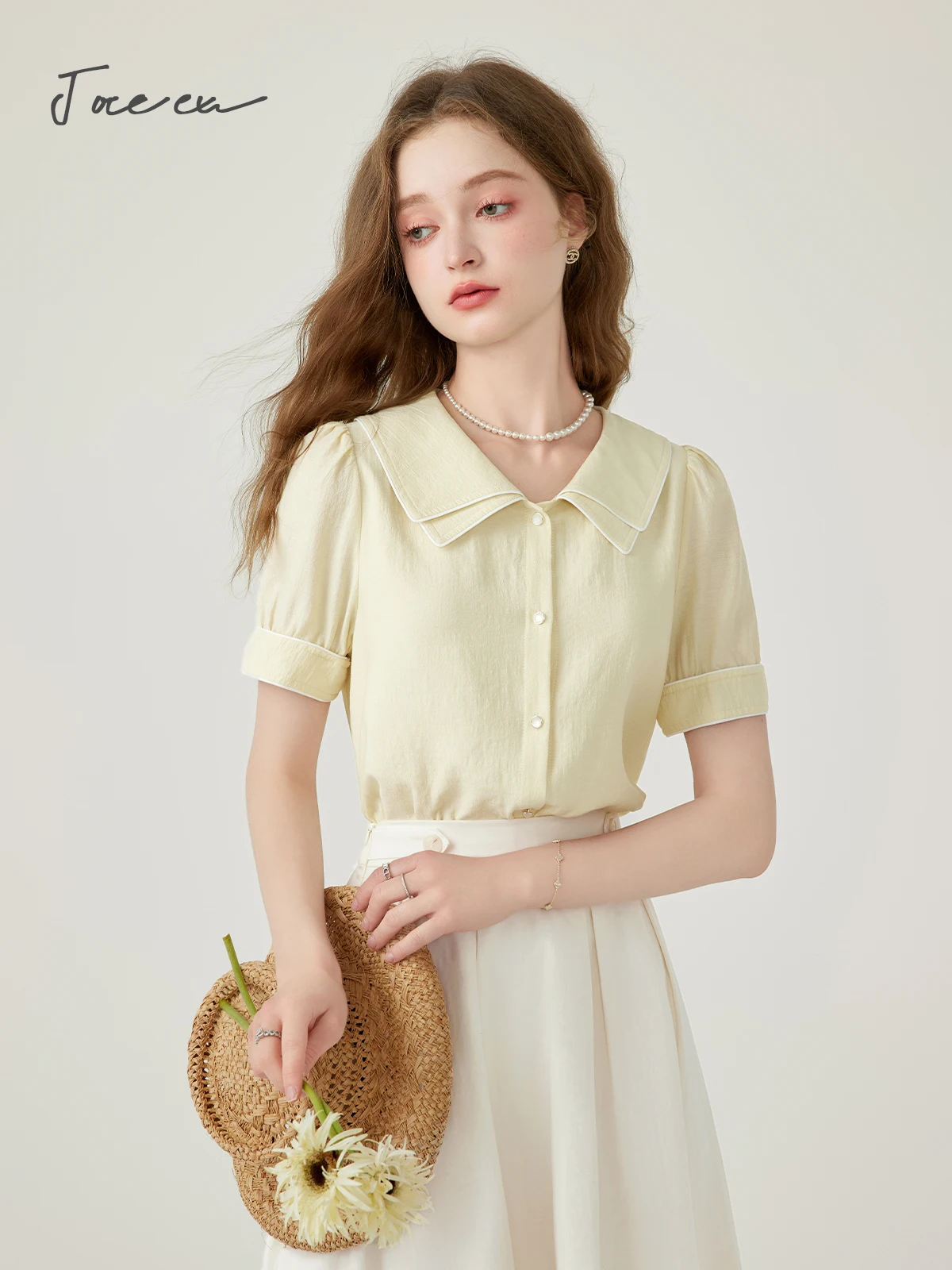 JOREEU Summer Double Polo Collar Sweet Shirt Women 2024 Fashion Solid Simple Loose Button Up Short Sleeve Blouse Woman T01609