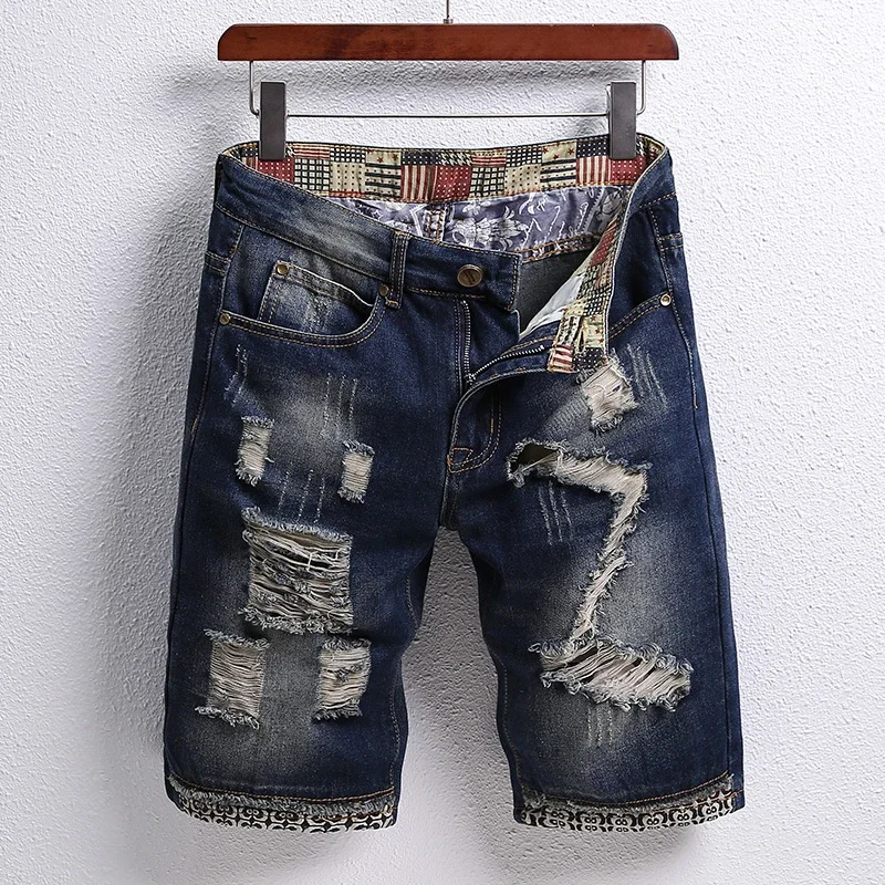 2024 Summer Jeans Men\'s Flip Denim Shorts New Worn Hole Patch Vintage Young Design Fashion Ruined Plus Size Summer Pants