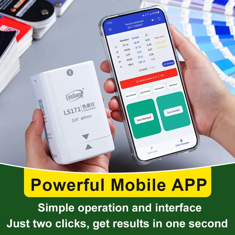 เครื่องวัดสีดิจิตอล Pantone แบบพกพา NCS RAL CMYK เครื่องวัดสีแบบแข็งแรงทนทาน D/8 สำหรับพลาสติกและสี LS171