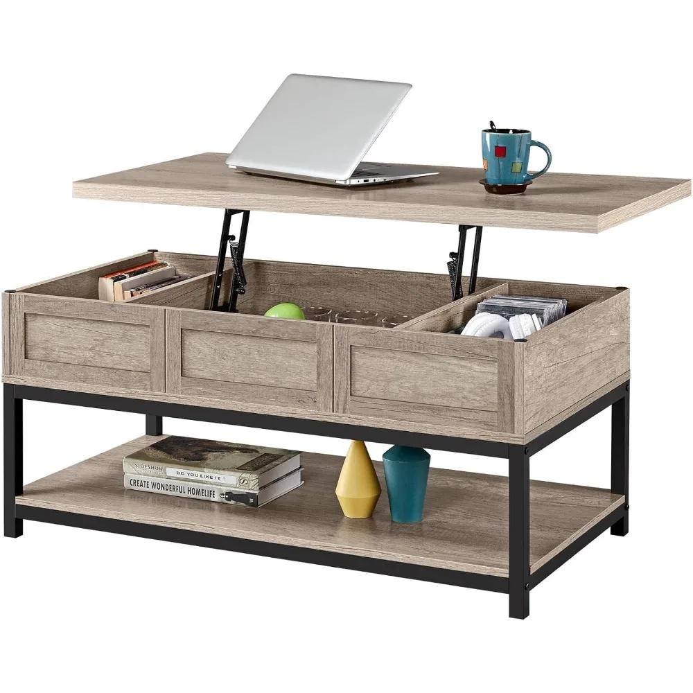 Lift Top Coffee Table with Hidden Compartments & Open Shelf, Tabletop Metal Frame Cocktail Table, Rising Center/Acent