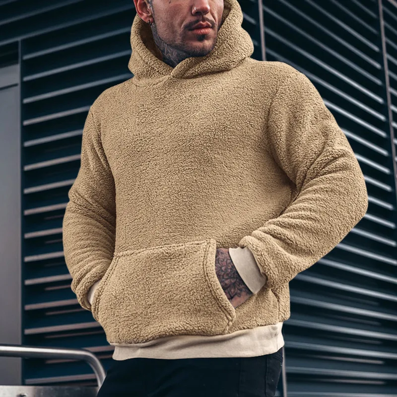 New European and American Men's Plush Sweater Pocket Hooded Sweater Fashion Explosion Solid Color Top Men