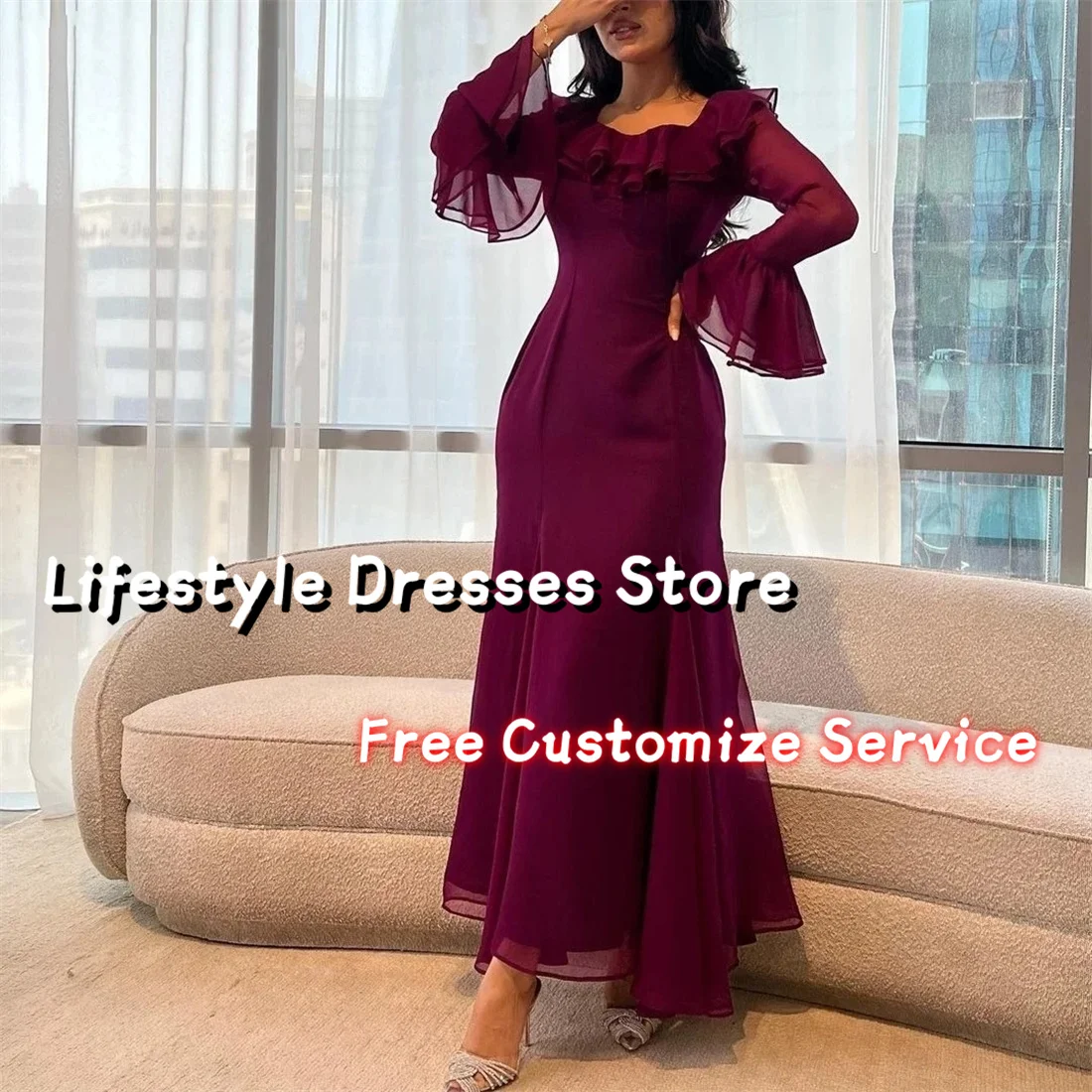 

Elegant Vintage Burgundy Evening Dresses Square Collar Ruffles A-Line Formal Occasion Prom Dress Long Sleeves Party Gowns