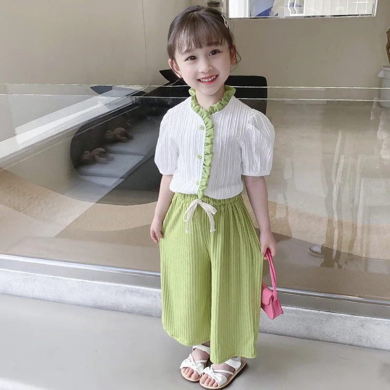 2022 Summer New Girls Clothing Sets Korean Version Of Green Lace Short-Sleeved Top +Nine Points Wide-Leg Pants Sweet 2Pcs Suit