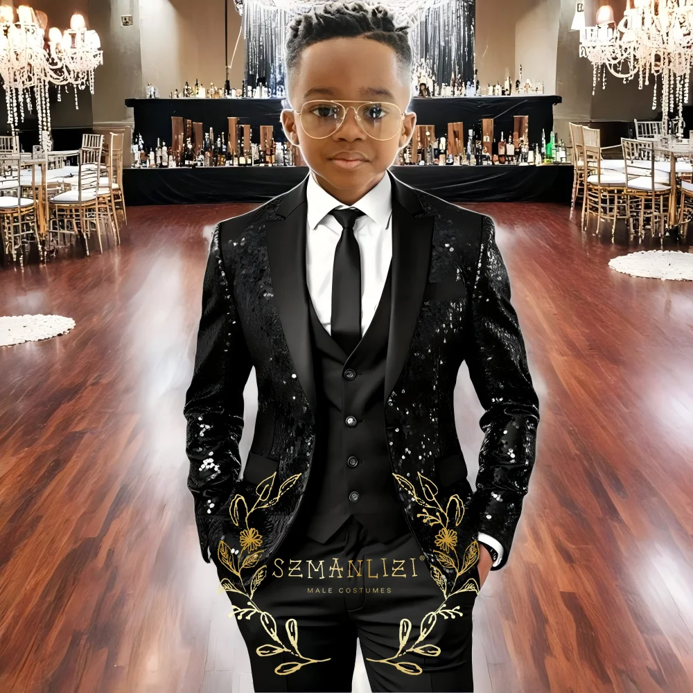 Pink Sequins Boy Suit Slim 3 Piece Blazer Vest Pant Suit Set Peaked Lapel Formal Wedding Dresses Business Tuxedo Suits for Kids