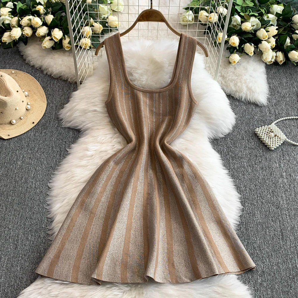 فساتين مظلة نسائية صيفية أنيقة محبوكة من REALEFT 2025 فستان قصير مثير عتيق مخطط عالي الخصر على شكل حرف a متزلج مثير للنساء