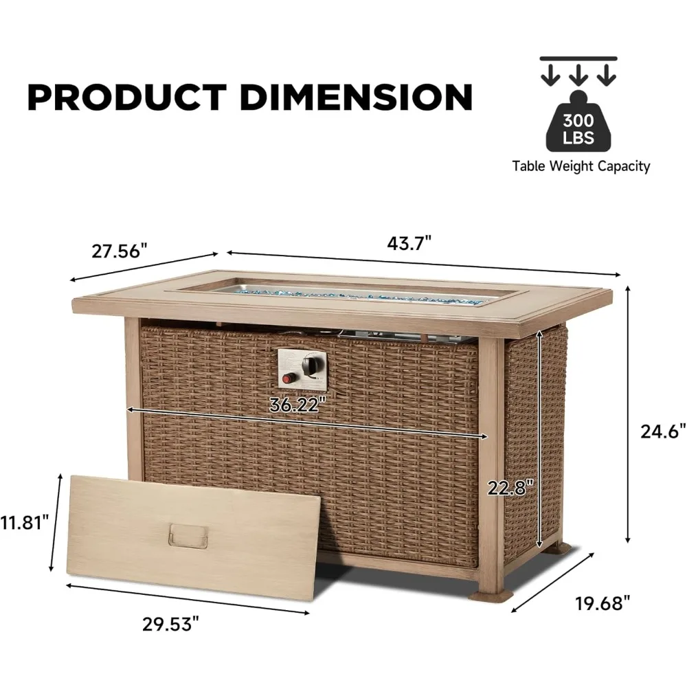 Fire Pit Table 44in Propane Gas Fire Pit Table 50,000 BTU Auto-Ignition Rectangle Firepit with Lid Fire Pit