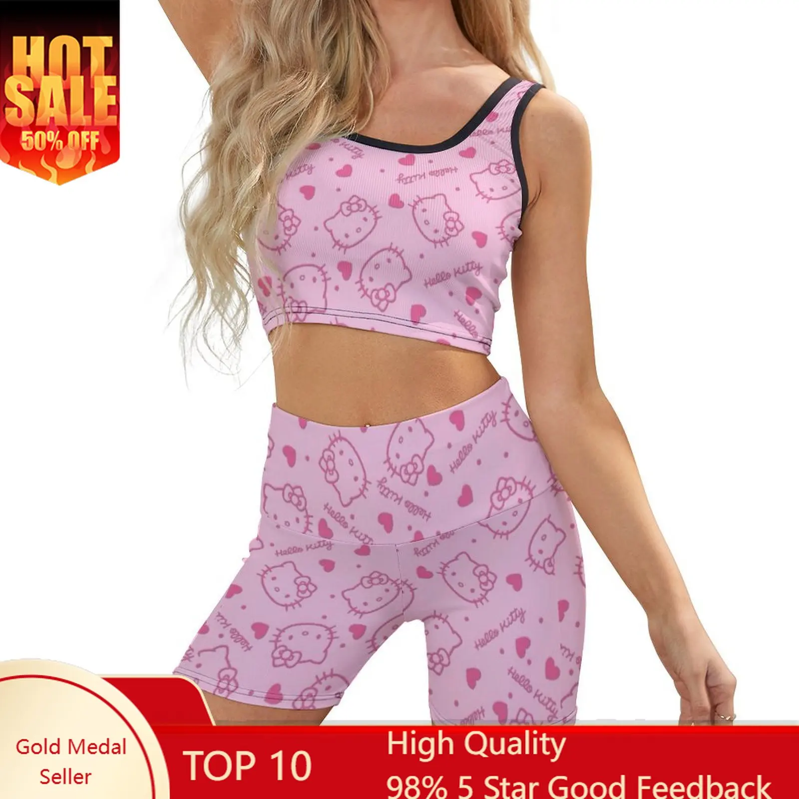 Hello Kitty Yoga Set Womens Sanrio Cartoon Cat Yoga Wear Cute Sports Bra Leggings Set Fashion Tank Top and Shorts