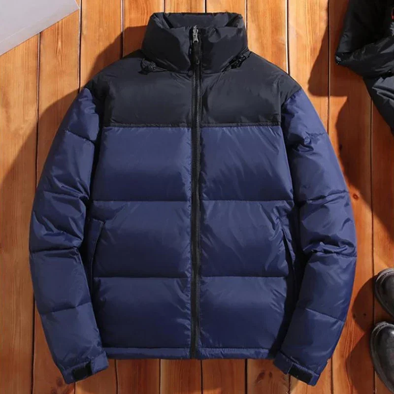 Parkas de marca americana de invierno, abrigos de algodón de colores mezclados para parejas, chaquetas acolchadas cálidas con cuello levantado informal, abrigo de marca superior para hombres