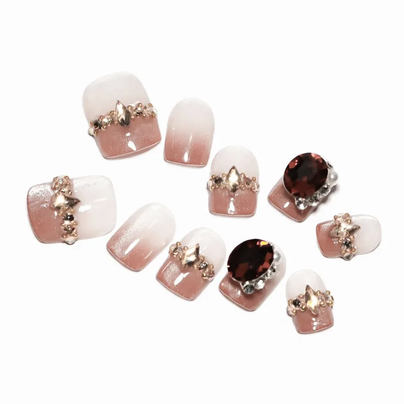 

French handmade flash diamond cat eye wearing nail gradual change coffee color manicure short sub-code wearing nail piece