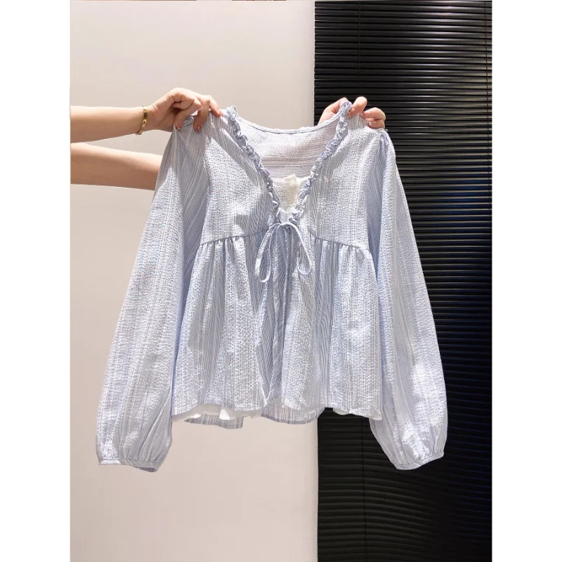 Women Clothing Spring Autumn Fashion Casual Lacing Solid Color V-neck Female All-match Appear Thin Slim L Long Sleeve Literature