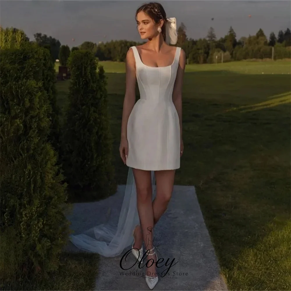 OLOEY Modern Customized Square Neck Sleeveless Wedding Dresses For Woman Satin Wide Strap Short Bridal Gown Wedding Party Dress