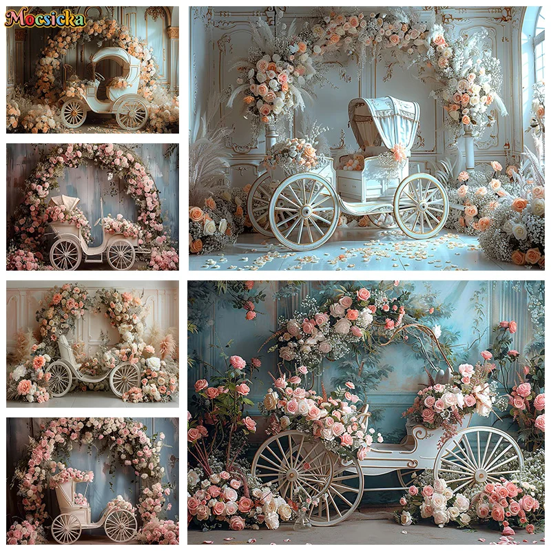 

Mocsicka Photography Background Happy Birthday Party Floral Carriage Decor Backdrop Wedding Portrait Cake Smash Photo Banner