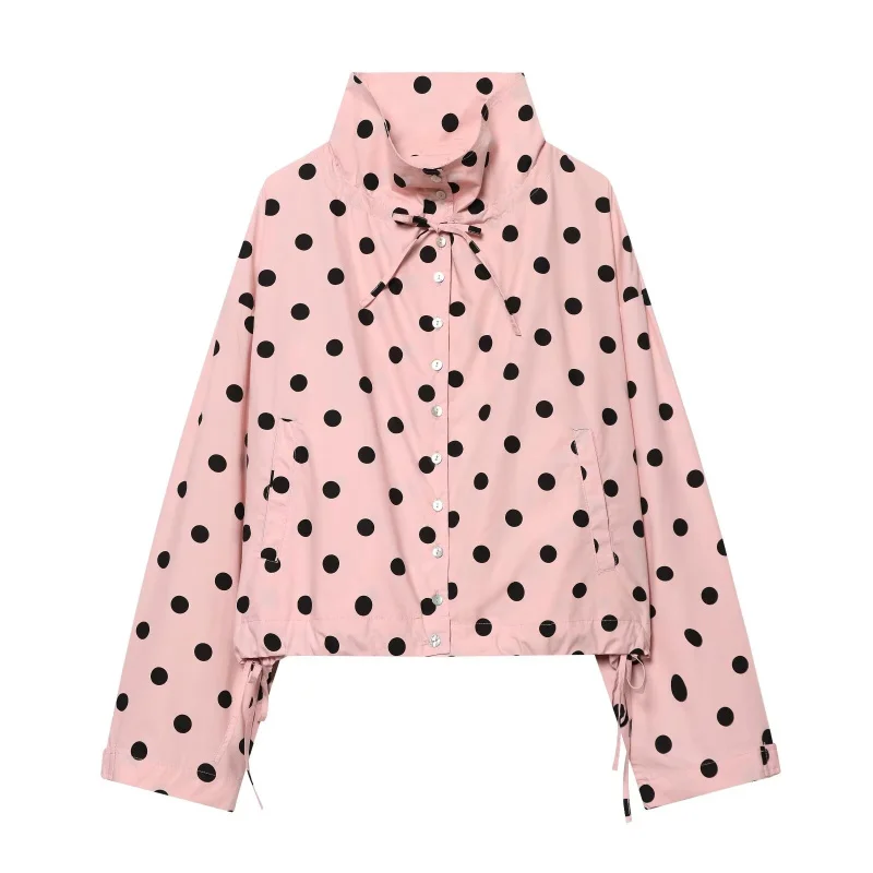 ETJ Dames Polka Dot Crop Jacket Lange Mouw Hoge Kraag Tie Front Windbreaker Casual Streetwear 2026 Mode Outfit