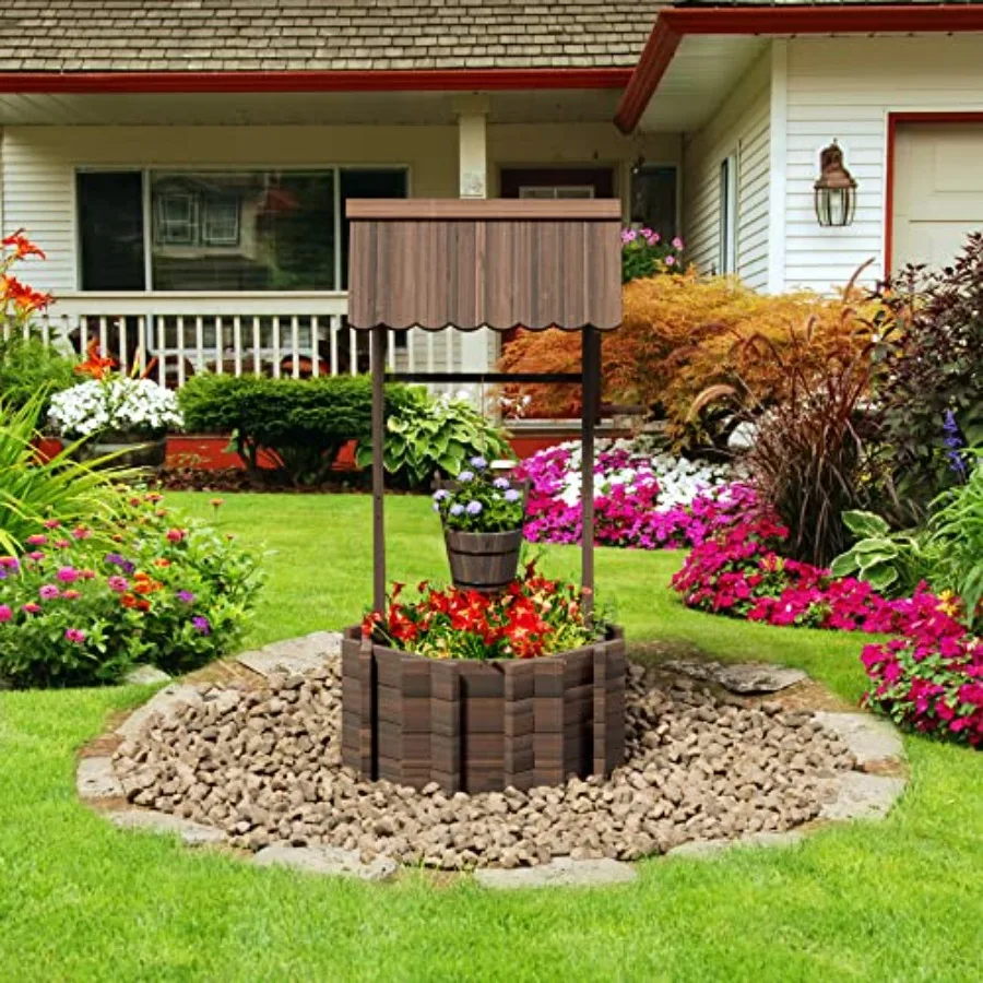 

Outdoor rustic solid fir wood wishing well planter in natural wood color weather-resistant and spacious 16.5 in diameter design
