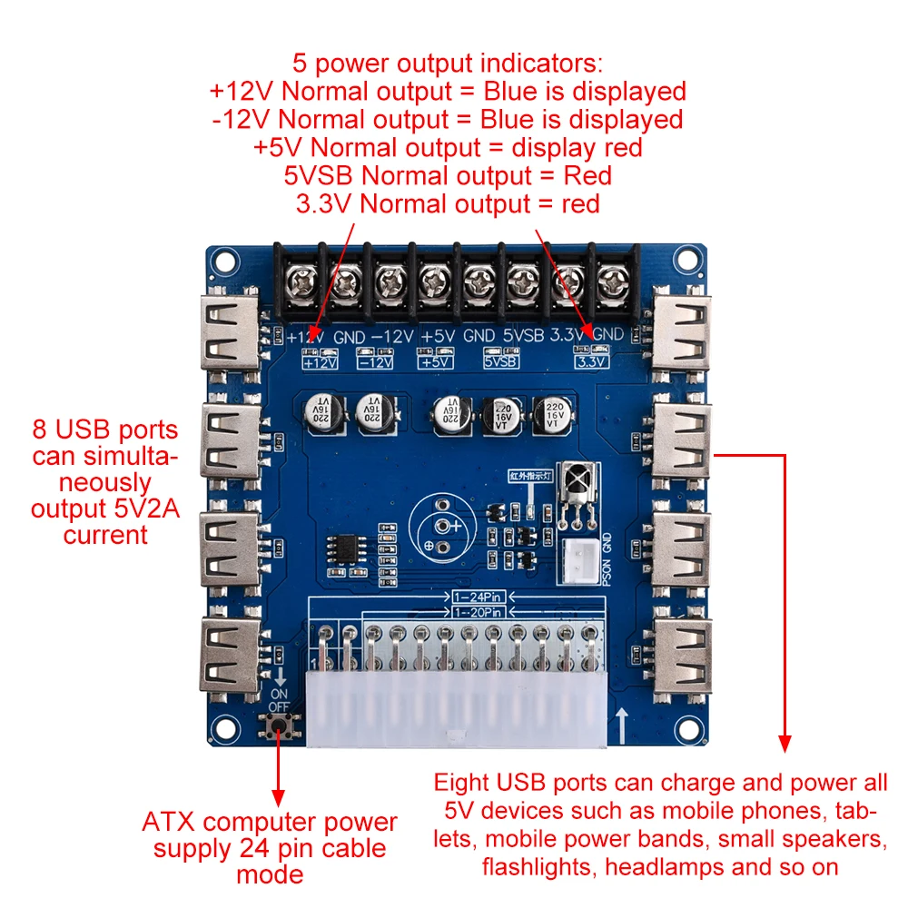 20/24 Pinnen Atx Voeding Breakout Board 5V/2a Usb Opladen Desktop Chassis Voeding Adapter Board Met Infrarood Detectie