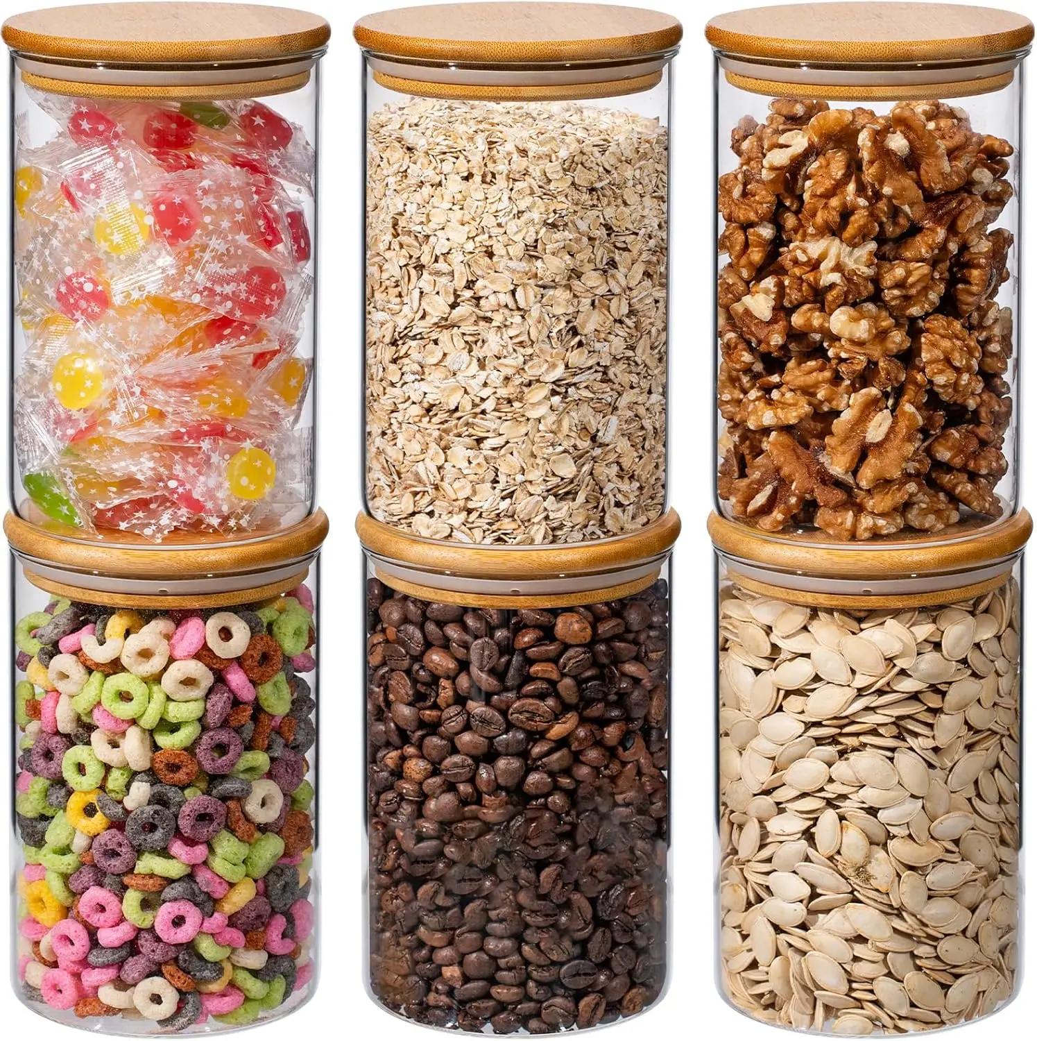 

32oz 6PCS Round Airtight Glass Food Storage Jars, Clear Glass Food Storage Container with Bamboo Lid, Stackable Spice Jar