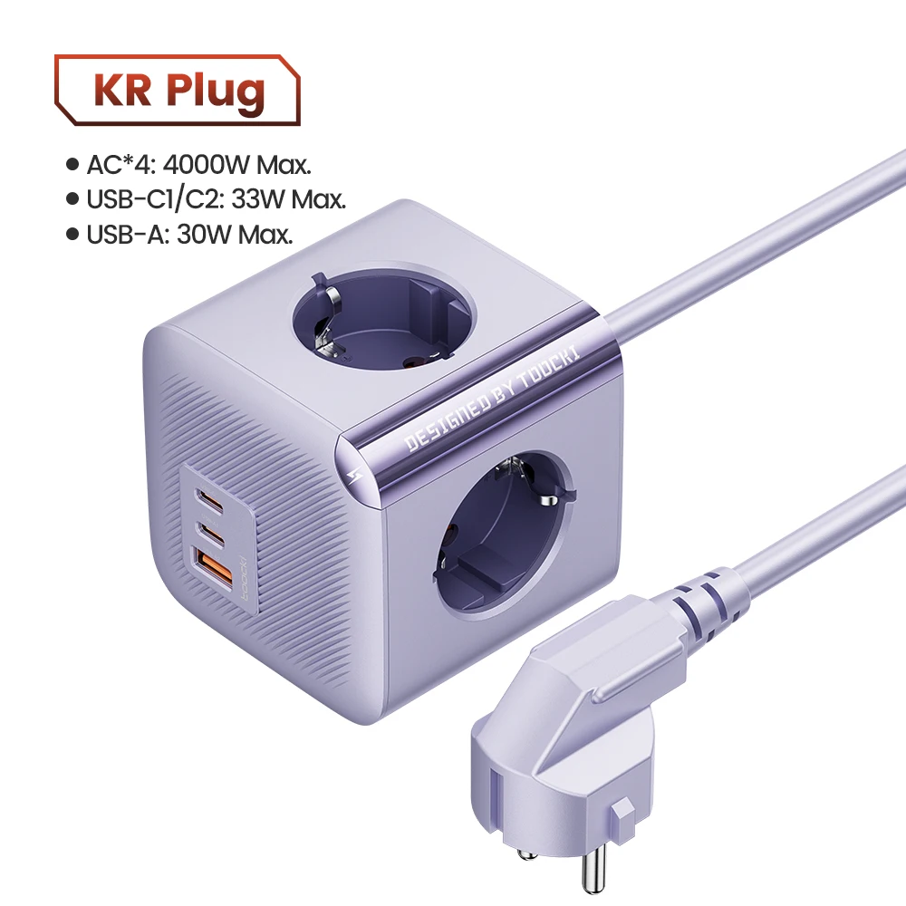 Toocki 33W GaN Power Strip Cube 4 AC-aansluitingen 2 USB-C 1 USB-A PPS QC3.0 Snellader 4000W Verlengsnoer Geaarde Stekkeradapter