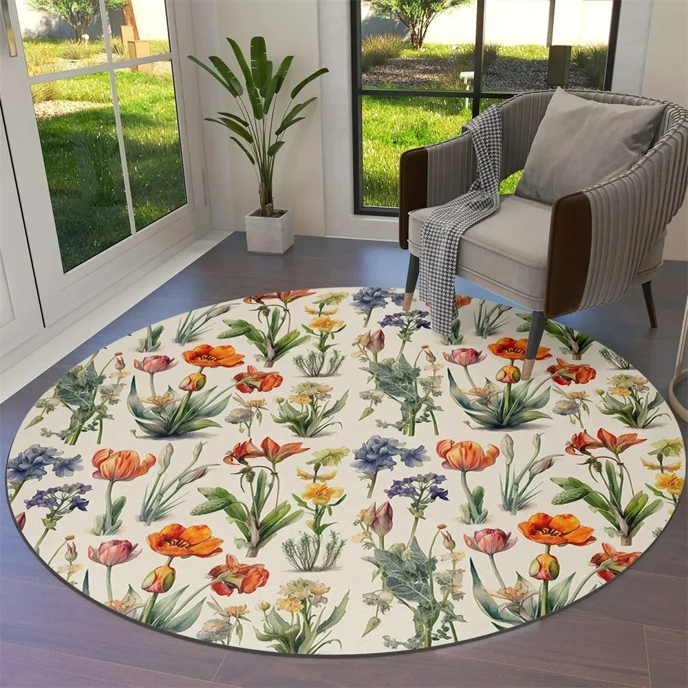 Round Door Mat with Watercolor Floral Patterns Floor Mat for Living Room Decor Adding Fresh Garden Aesthetic